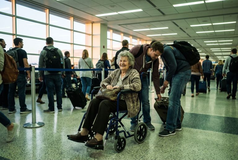 An older woman using a wheelchair arriving in an airport terminal, greeted by a family member lifting her suitcase