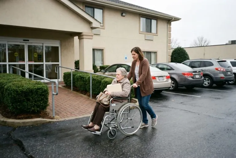A woman pushing her mother in a manual wheelchair across a car park toward the entrance of a medical building
