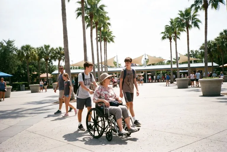 A family walking together across a sunny plaza toward a theme park entrance in Florida, one of them using a manual wheelchair
